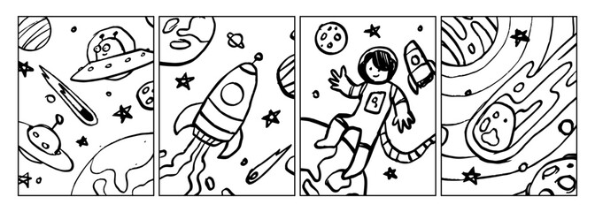 Set of Space coloring page illustration for kids. Collection of rocket, star, planet and  astronaut line art hand drawn design for coloring book.