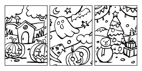 Set of Holiday coloring page illustration for kids. Collection of Halloween and Christmas line art hand drawn design for coloring book.