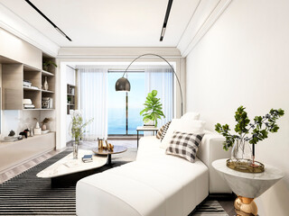 3D rendering, wooden Nordic style living room design