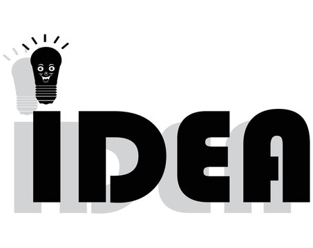 silhouette vector design of a word that says IDEA where the letter I is modified at the top there is an illustration of a lightbulb character with a smiling face because he got an idea