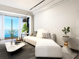 3D rendering, wooden Nordic style living room design