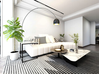 3D rendering, wooden Nordic style living room design