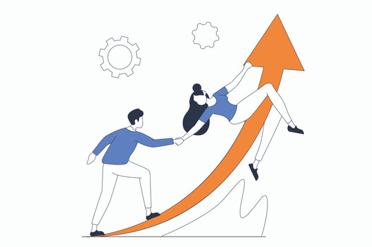 Leadership concept with people scene in flat outline design. Man and woman cooperate and develop business and increase financial profit. Vector illustration with line character situation for web