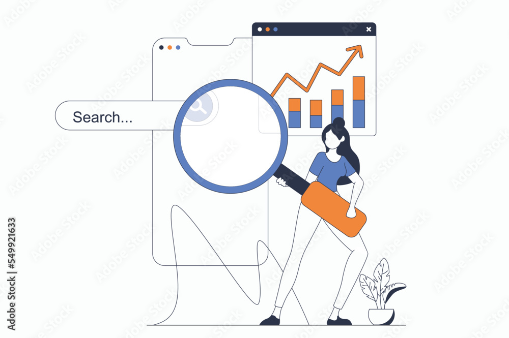 Aufkleber Seo optimization concept with people scene in flat outline design. Woman with magnifier research website traffic data and optimizes metrics. Vector illustration with line character situation for web