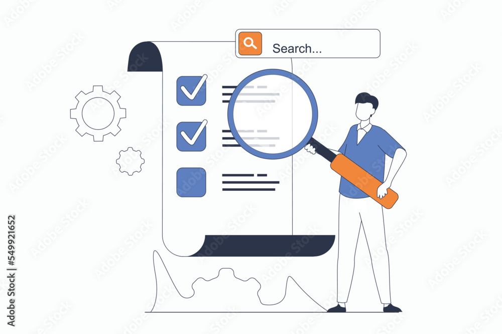 Poster Seo optimization concept with people scene in flat outline design. Man with magnifier researching traffic data and works with checklist. Vector illustration with line character situation for web
