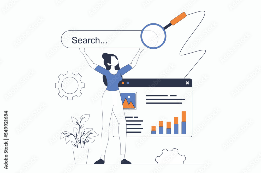 Aufkleber Seo optimization concept with people scene in flat outline design. Woman adjusts site metrics, analyzes keywords and optimizes data settings. Vector illustration with line character situation for web