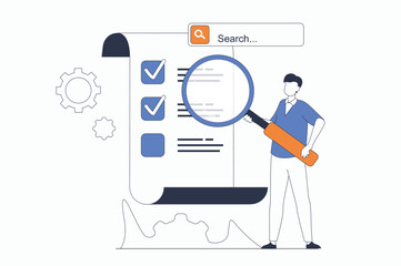 Seo optimization concept with people scene in flat outline design. Man with magnifier researching traffic data and works with checklist. Vector illustration with line character situation for web