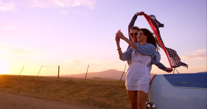 Friends, phone and selfie in countryside on road trip for travel, adventure and bond in nature. Women, smartphone and smile for pictures on traveling vacation in Mexico, happy and freedom on break