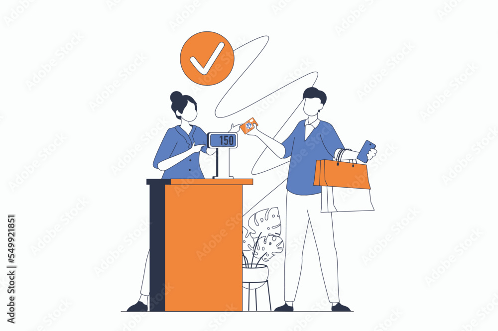 Poster shopping concept with people scene in flat outline design. man makes purchases with bargain prices a