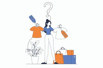 Shopping concept with people scene in flat outline design. Woman chooses clothes at bargain prices and buys goods at seasonal sale in shop. Vector illustration with line character situation for web