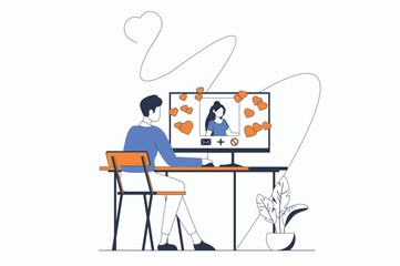 Social network concept with people scene in flat outline design. Man views new posts using computer and likes photo of woman in online blog. Vector illustration with line character situation for web