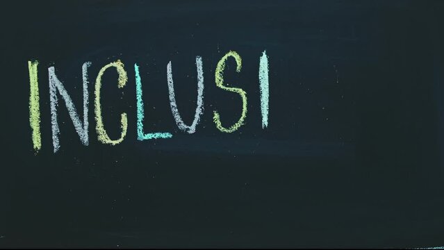 Close-up timelapse of a child's hand writes with chalk on the inclusion board. The concept of equality, visibility and diversity
