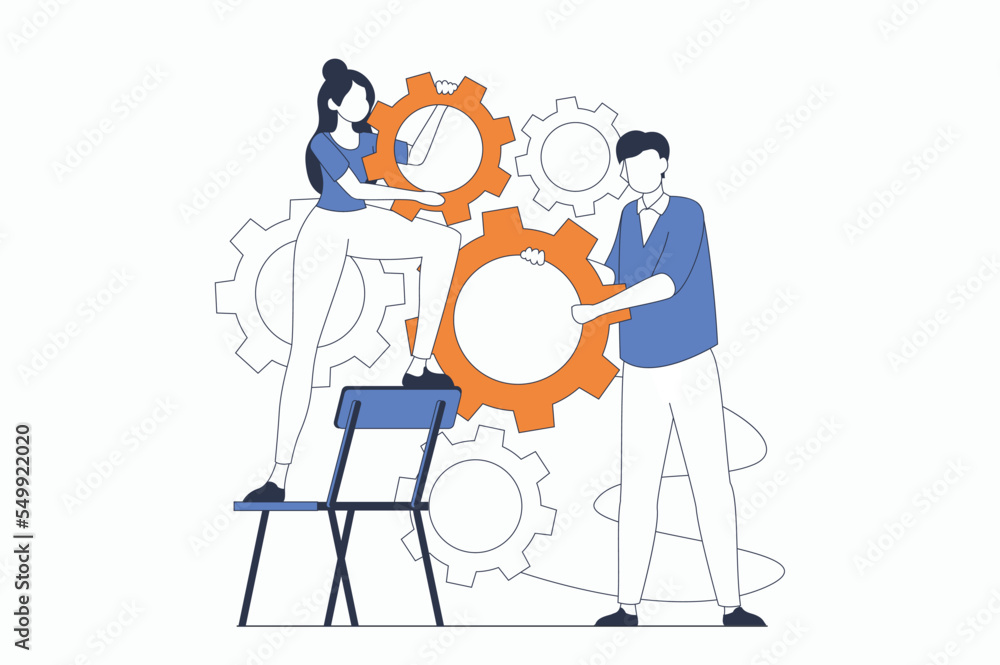 Poster teamwork concept with people scene in flat outline design. woman and man holding gears and set up wo