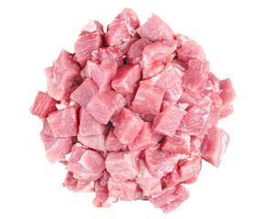 Fresh sliced raw meat, fillet, cubes, isolated on white background, close-up