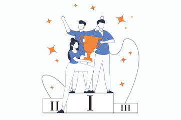 Teamwork concept with people scene in flat outline design. Woman holding golden winning cup and celebrating victory together with colleagues. Vector illustration with line character situation for web