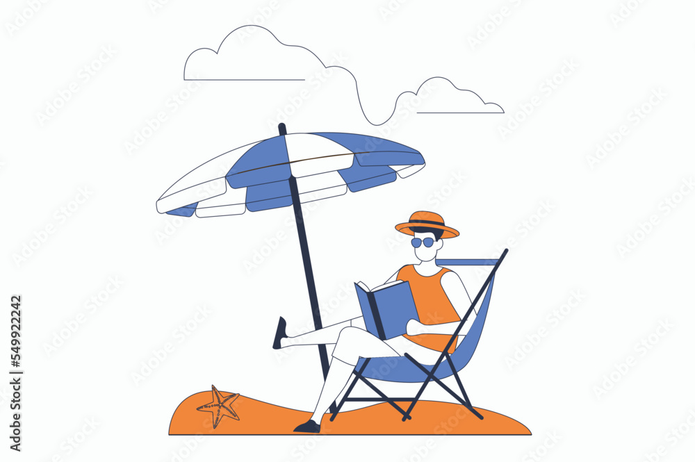 Poster travel vacation concept with people scene in flat outline design. man sits in sun lounger under umbr