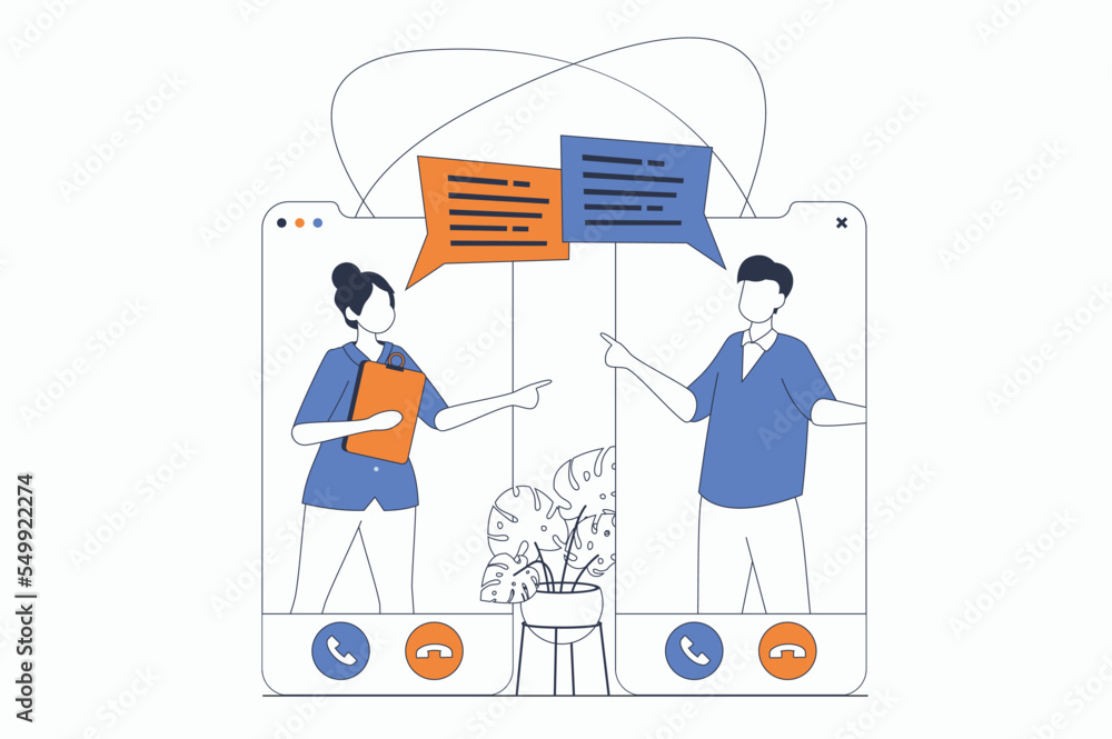 Fototapete video conference concept with people scene in flat outline design. woman and man communicate online 