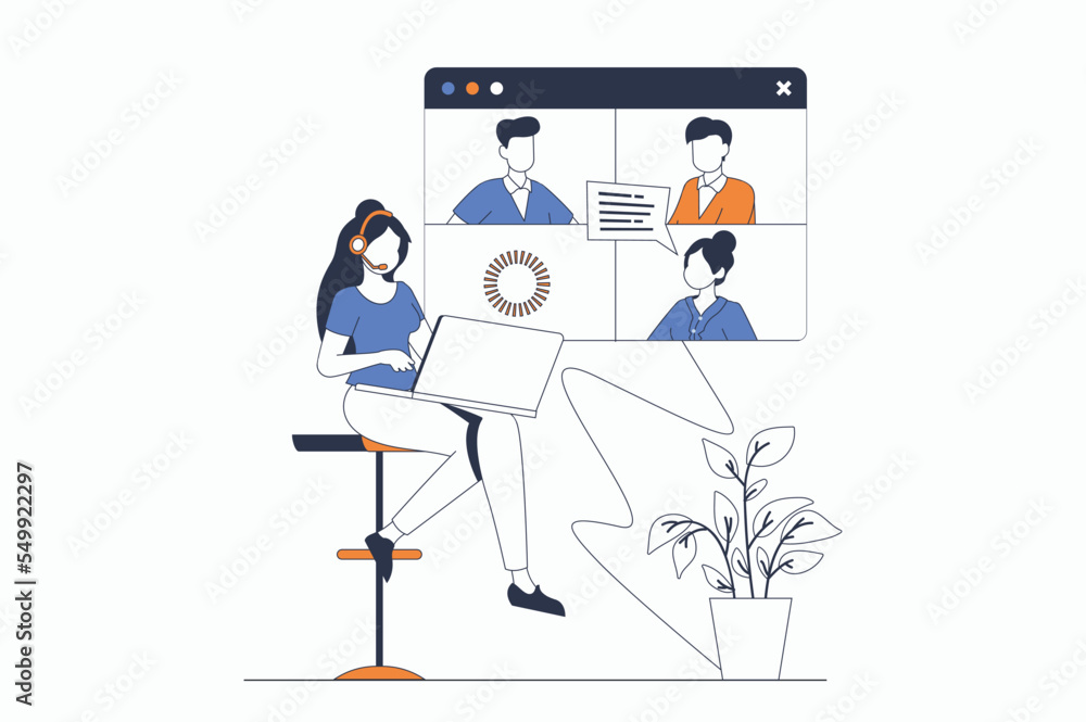 Poster video conference concept with people scene in flat outline design. woman and man colleagues communic