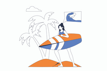 Travel vacation concept with people scene in flat outline design. Woman carries board and is going to surf on waves of tropical island resort. Vector illustration with line character situation for web