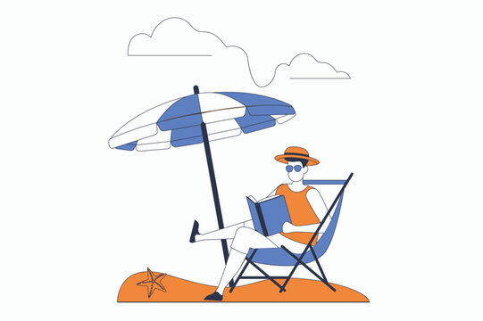 Travel vacation concept with people scene in flat outline design. Man sits in sun lounger under umbrella and reading book, resting at resort. Vector illustration with line character situation for web