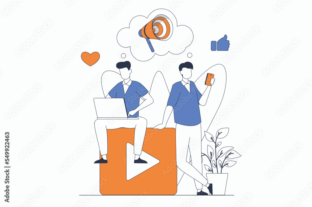 Poster video marketing concept with people scene in flat outline design. man makes ad campaign using social