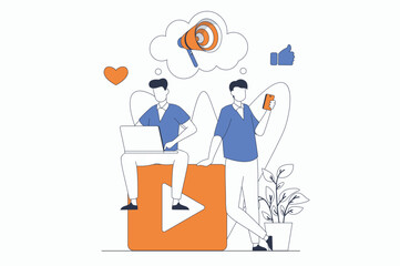 Video marketing concept with people scene in flat outline design. Man makes ad campaign using social networks and content to attract clients. Vector illustration with line character situation for web