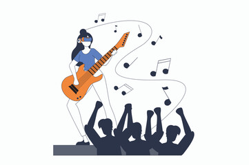 Virtual reality concept with people scene in flat outline design. Woman in VR headset playing guitar and performs in concert simulation. Vector illustration with line character situation for web