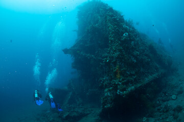 Fototapeta na wymiar Scuba divers in the sea next to the ship wreck