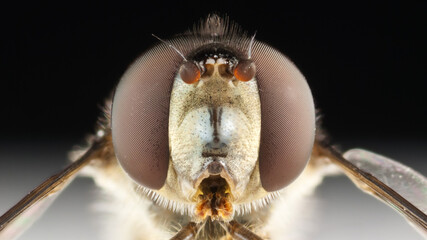 Macro photo showing the head of a hover fly viewed face on