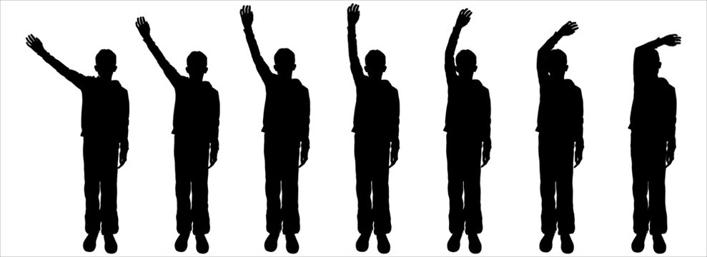 Childish, teenage boy silhouette in black color isolated on white background. A boy in sportswear and sneakers with a raised hand, the other hand remains motionless. Flat design. Front view.