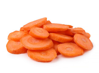 Naklejka na ściany i meble Sliced raw carrots, circles, heap, white background