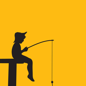 Silhouette of a male kid fishing sitting on the edge of a pier