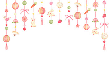 ひな祭りの吊るし雛の背景　横　手描き色鉛筆画