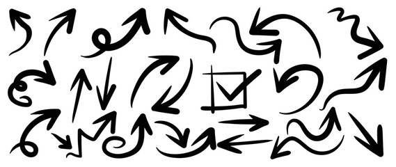 Set of black hand drawn arrow lines vector on white background. Doodle style, curve, wavy, arrows, cursor Icon, pointers collection, back, signs, direction. Design illustration for sticker, comic. 