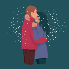 The lovers embrace and kiss. Man and woman in winter clothes. Romance, hugs. Vector image.