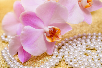purple Orchid and pearl necklace on a shiny gold background
