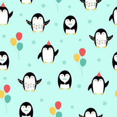 Seamless pattern with cute penguins and balloons on blue background. Template for nursery design, birthday card, invitation, baby shower and party decor