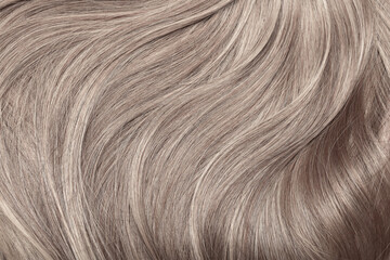 Blond hair close-up as a background. Women's long light brown hair. Beautifully styled wavy shiny...