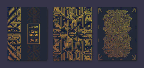 Set of vector art deco, gatsby golden covers. Creative design templates. Trendy graphic poster, brochure, design, packaging and branding. Geometric shapes, ornaments, elements