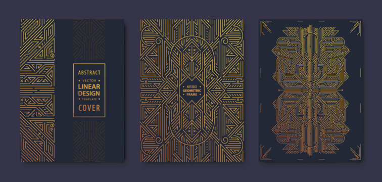 Set of vector art deco, gatsby golden covers. Creative design templates. Trendy graphic poster, brochure, design, packaging and branding. Geometric shapes, ornaments, elements - Powered by Adobe