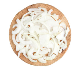 Sliced raw white onions on a wooden kitchen board, close up, top view