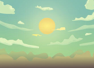 Evening cartoon sky with clouds, sun, sunlight vector background design.