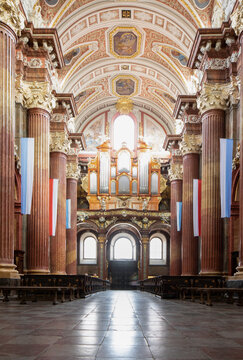 Baroque interior of the Parish Church "Poznanska Fara". Detail. Poznan, Poland.