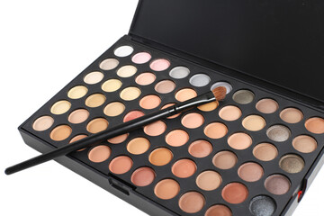 Professional shadows on black palette and fluffy brush for eye makeup, white background