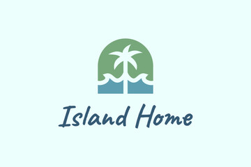 property and apartment on island with ocean waves and palm tree suitable for real estate logo