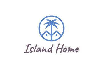 property and apartment on island with ocean waves and palm tree suitable for real estate logo