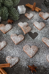 home made german gingerbread christmas cookies, heart shaped