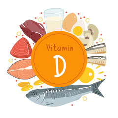 Collection of vitamin D sources. Food enriched with cholecalciferol. Dairy products, fish, mushrooms and eggs. Dietetic organic nutrition. Flat vector cartoon illustration isolated on white