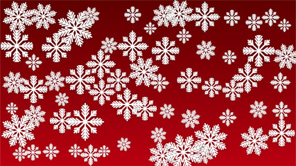 Christmas  Vector Background with Falling Snowflakes. Isolated on Red Background. Realistic Snow Sparkle Pattern. Snowfall Overlay Print. Winter Sky. Papercut Snowflakes.