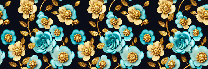 Blue and gold floral wallpaper. Seamless repeat pattern for wallpaper, fabric and paper packaging, curtains, duvet covers, pillows, digital print design. 3d illustration	